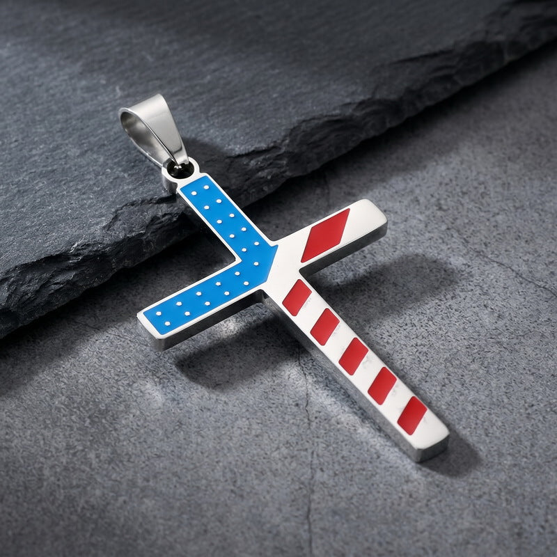 European, American Hip-Hop American Star-Spangled Banner Cross Dripping Oil Vacuum Plating Stainless Steel Necklace