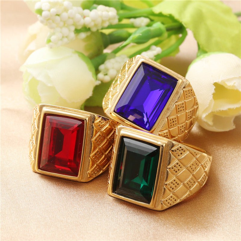 Trendy Multi-Color Zircon Titanium Steel Square Ring for Men - Retro Stainless Steel Jewelry