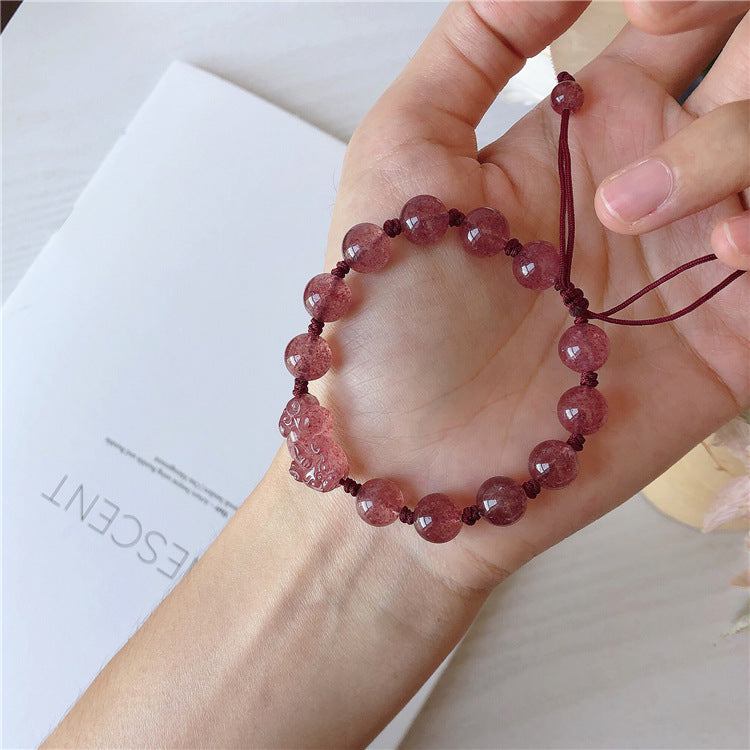 Crystal Pixiu Bracelet with Strawberry Crystal and Sterling Silver Charm