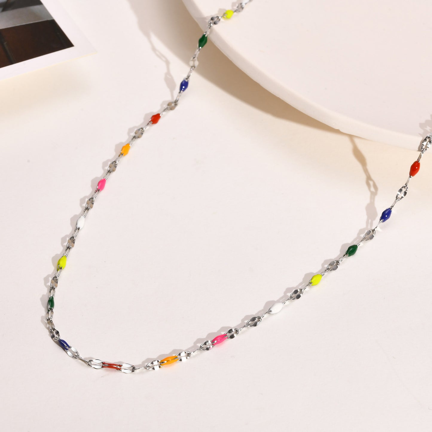 Necklace – Stainless Steel Colored Epoxy Beads Lip Chain Necklace Steel Ladies