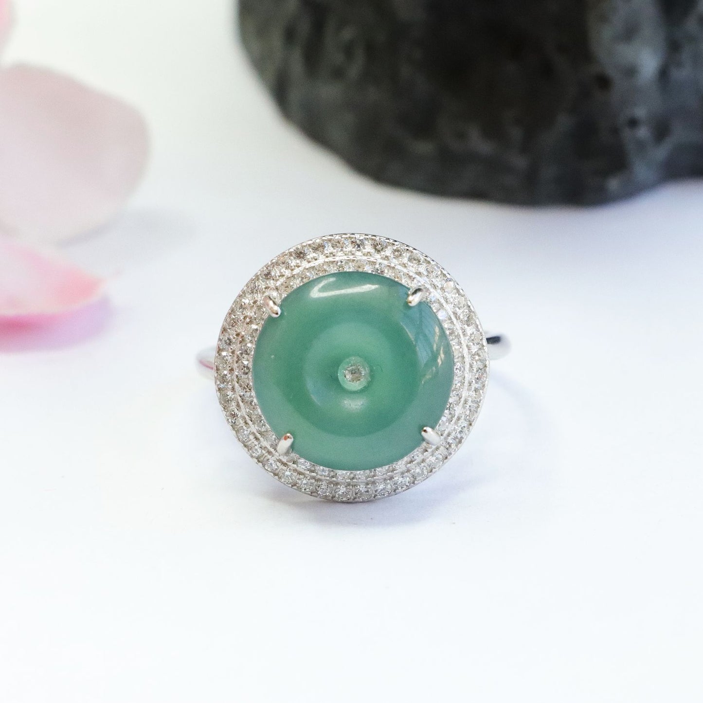 Sterling Silver Jade Ring with Zircon Halo Detail