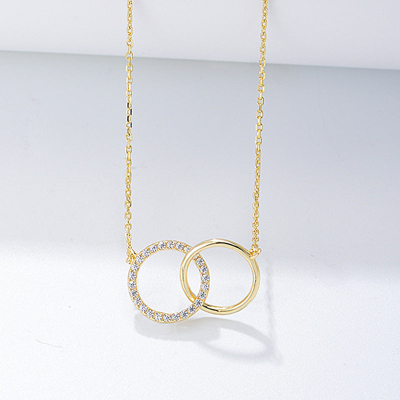 S925 Sterling Silver Personality Zircon Double Circle Ring Necklace Set Chain