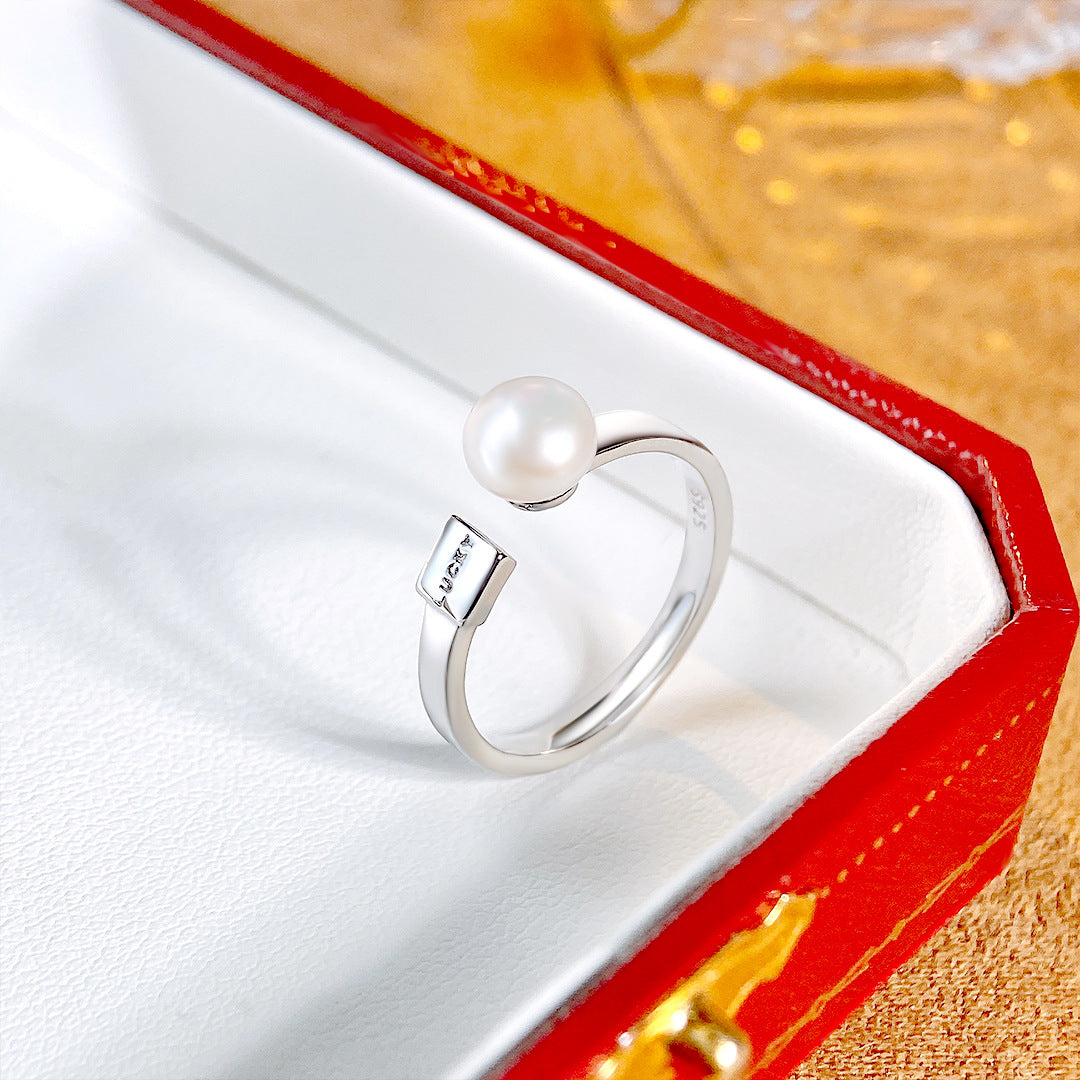 S925 Sterling Silver Freshwater Pearl Lucky Square Ring — Adjustable