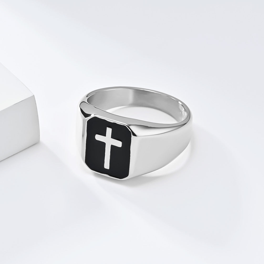 Steel Ring - Statement Punk Hip Hop Seal Cross Design Oil Drop Mens Fashion Ring Planderful
