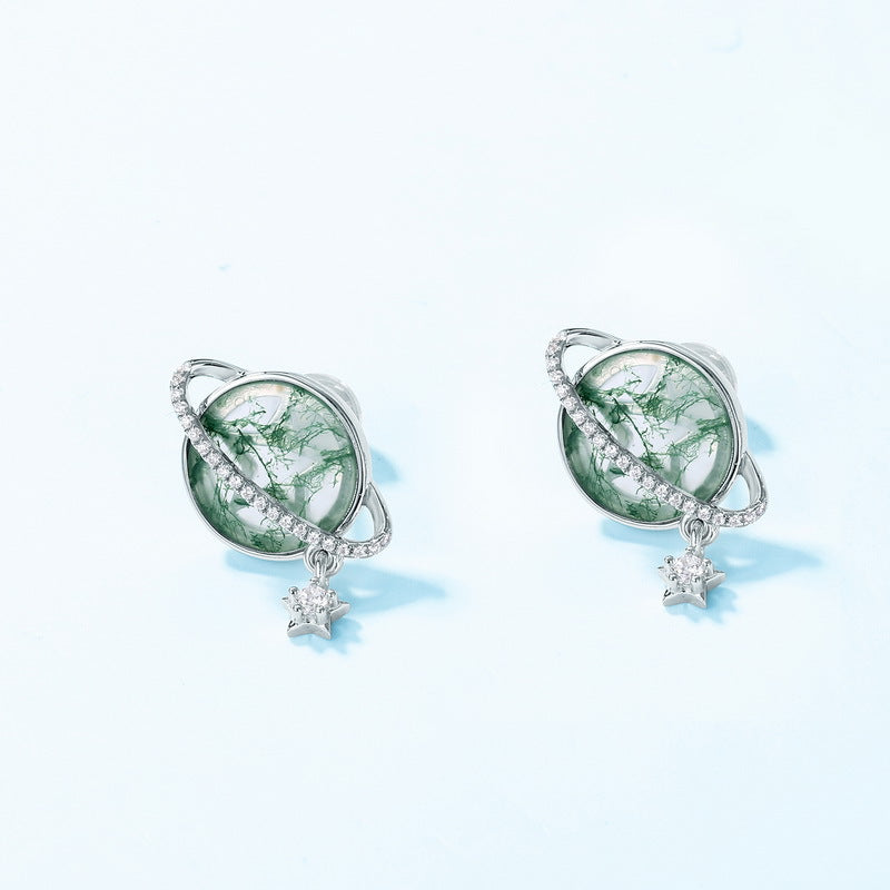 S925 Sterling Silver Moss Agate Planet Stud Earrings