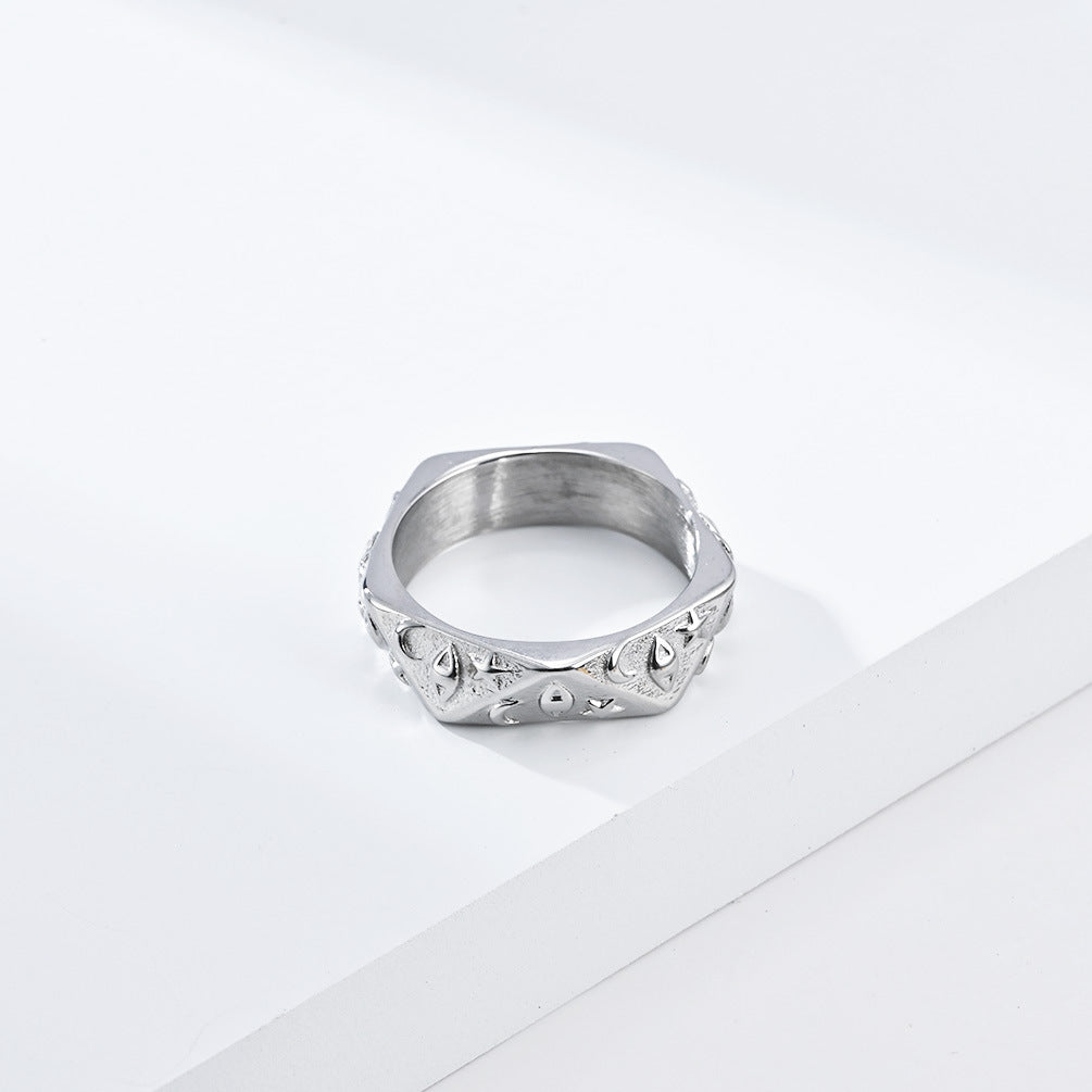 Planderful Titanium Steel Ring For Men Bold Moon Eyes Star Design Everyday Genie Collection