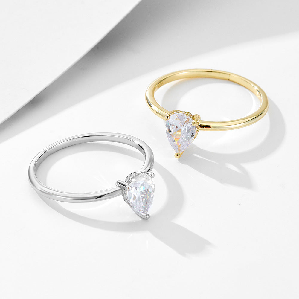 Classic Simulated Diamond Ring Engagement Ring S925 Sterling Silver Water Drop Zircon Ring