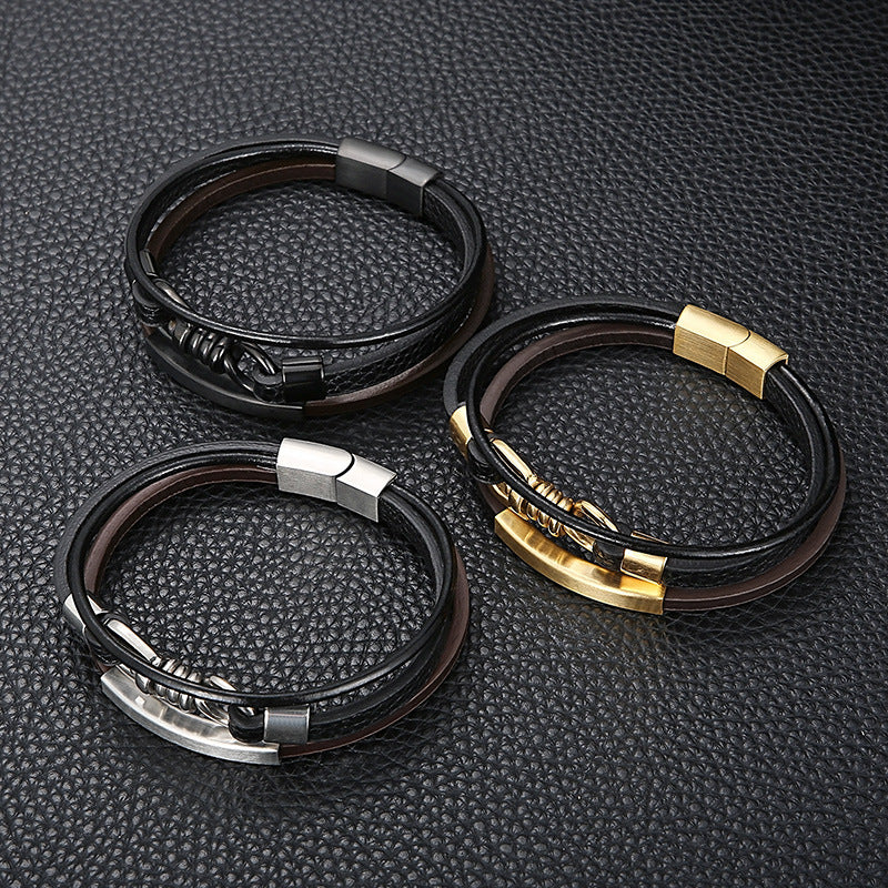 Planderful Mens Leather Titanium Steel Bracelet Punk Style