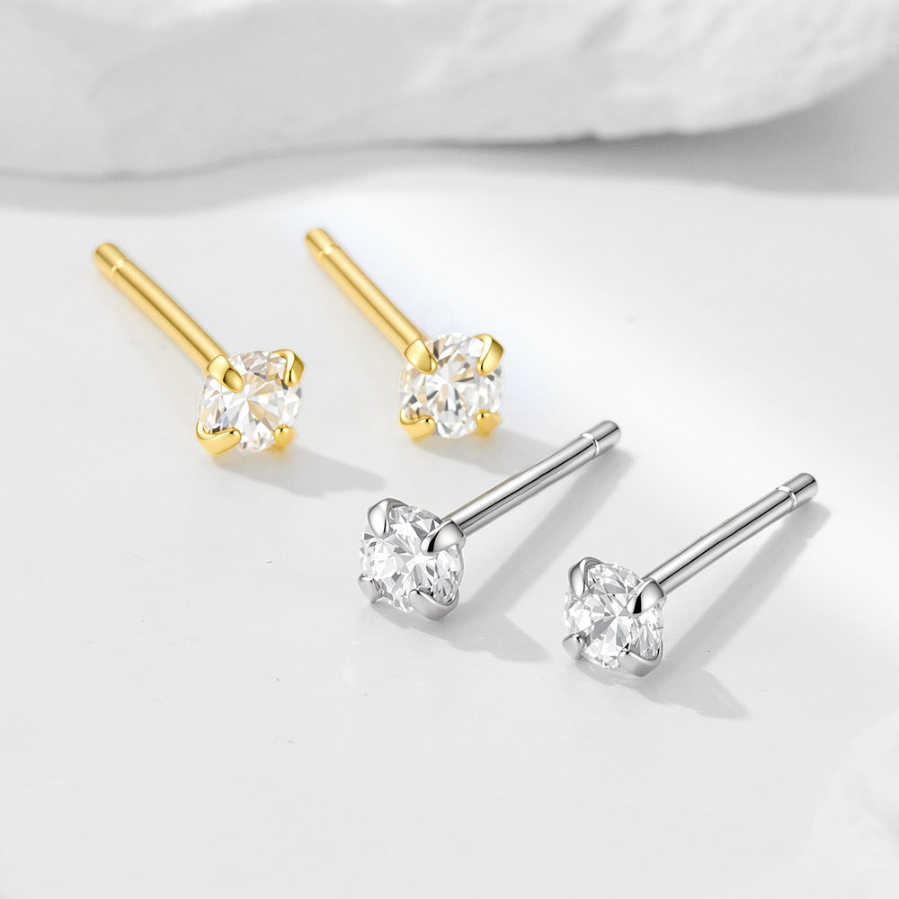 925 Sterling Silver Four-Claw 3mm Zircon Mini Small Stud Earrings, And Round Ear