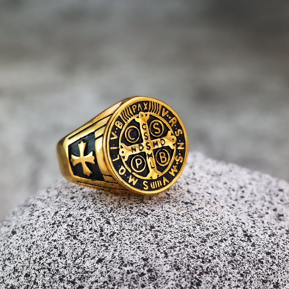 European and American Retro Stainless Steel Men's Ring Personalized Exorcism Saint Ben Cross Ring