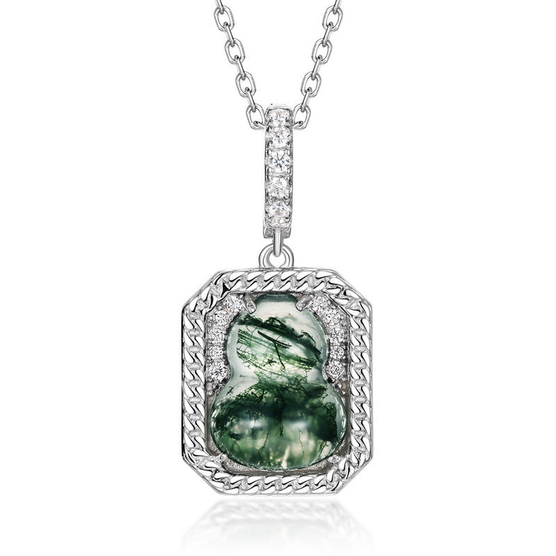 Planderful Jewelry Green Moss Agate Sterling Silver Gourd Pendant Necklace for Women