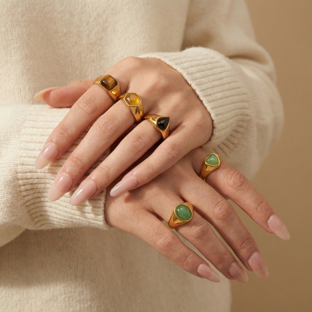 Stainless Steel Water Drop Natural Tiger's Eye Stone Oval Heart-Shaped Dongling Jade Ring