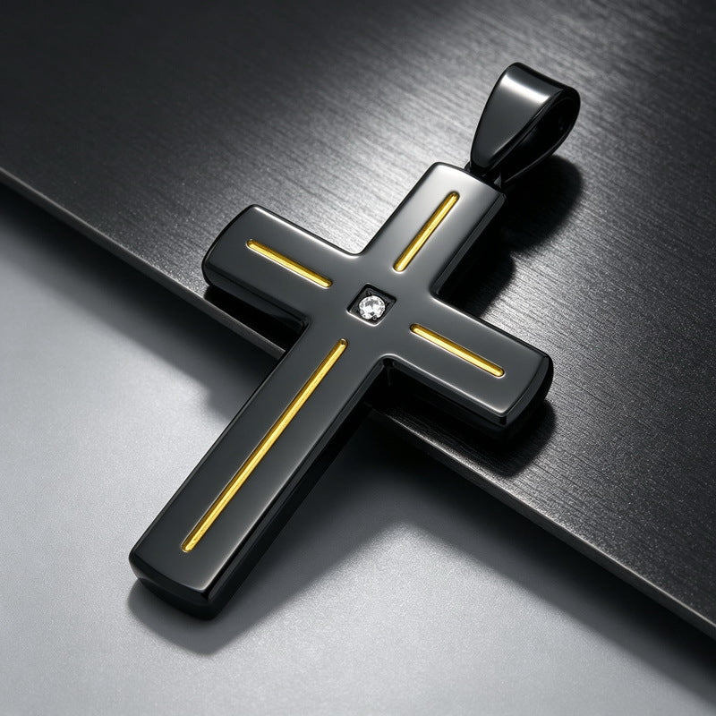 Popular Slotted Line Zircon Cross Titanium Steel Pendant Retro Contrasting Color Stainless Steel Necklace