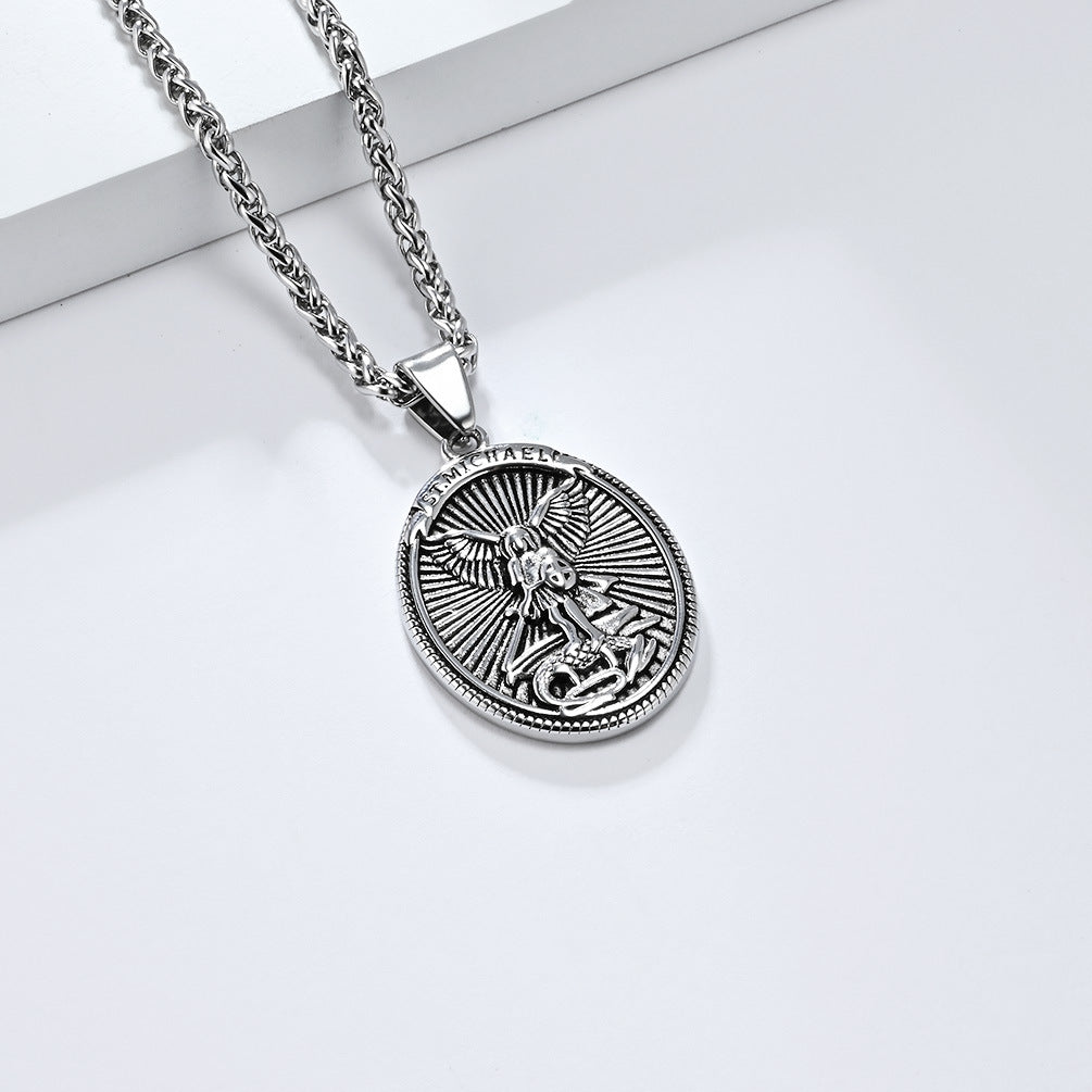 Steel Necklace - Vintage Archangel Oval Pendant For Everyday Wear And Spiritual Symbol Jewelry By Planderful