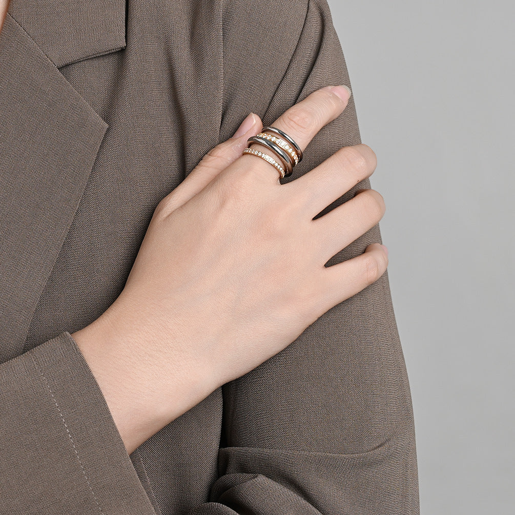 Planderful Four Layer Stacking Zircon Ring For Women Index Finger Titanium Steel Luxury High End