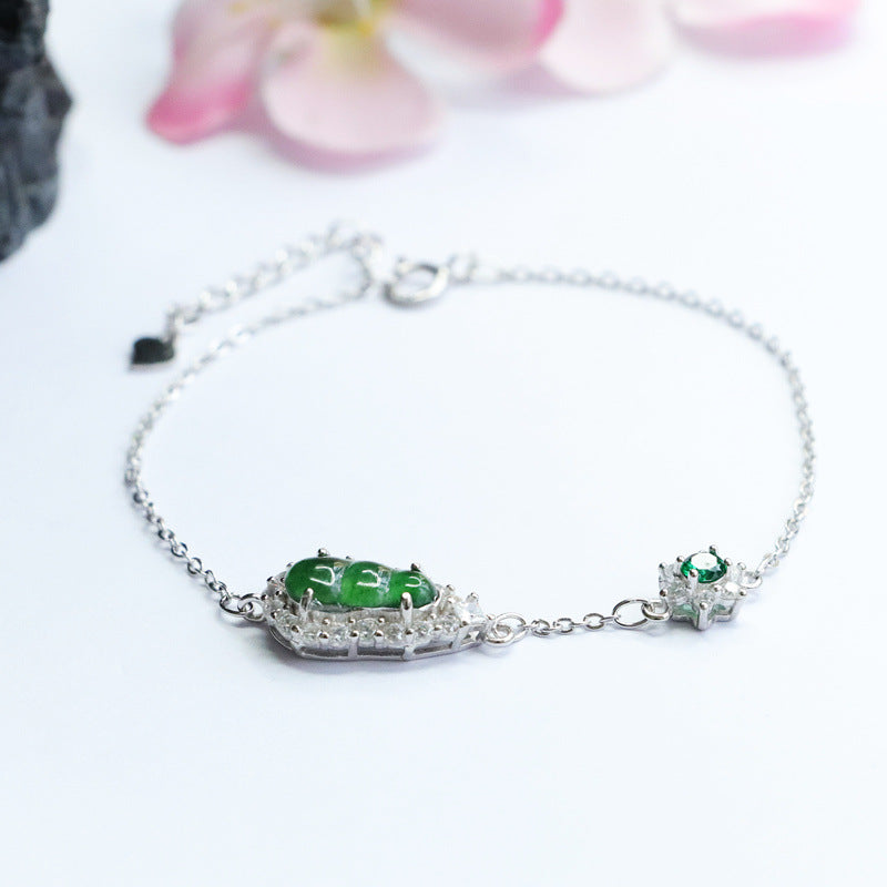 Burmese Jade Sterling Silver Bracelet with Natural Imperial Green Inlaid Ice Jade