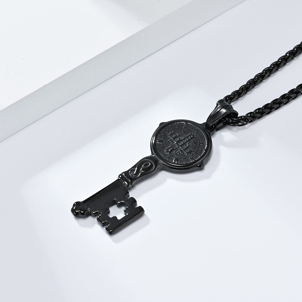 European and American Style Saint Benedict Titanium Steel Key Necklace for Men