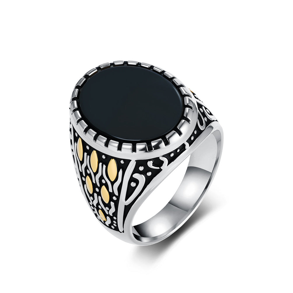 Stainless Steel Black Gemstone Ring Men's Gold-Plated