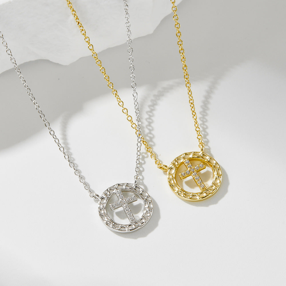 925 Sterling Silver Round Hollow Inlaid Zircon Cross Necklace