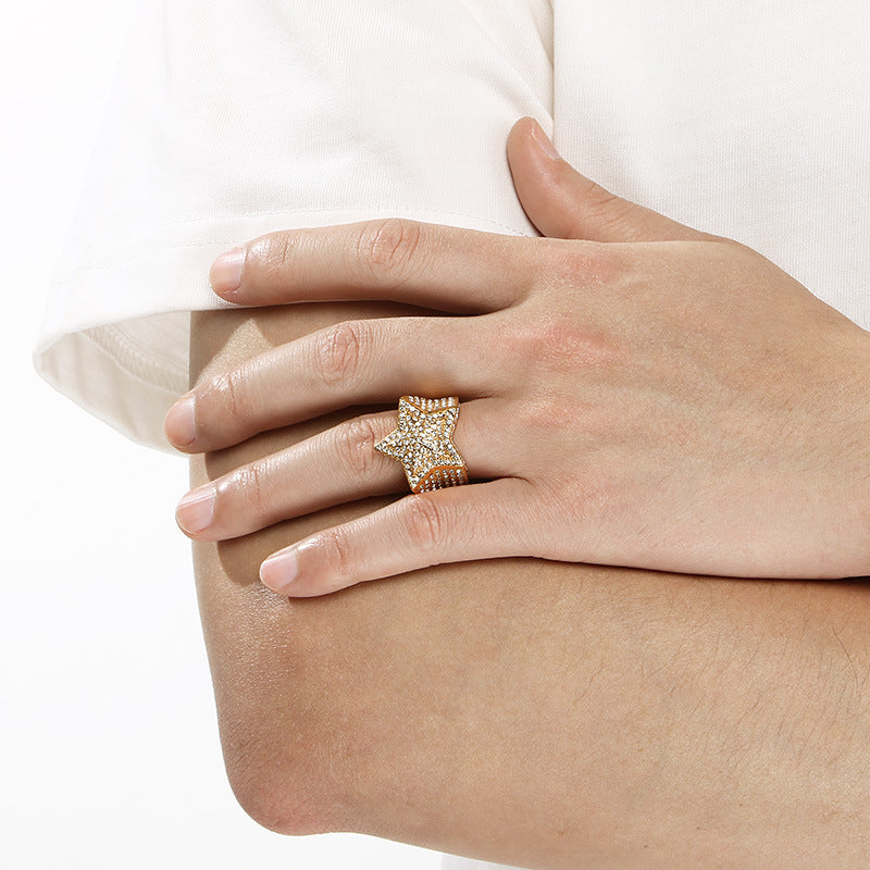 Luxury Zircon Star Ring, Hip-Hop Rock Full Of Zircon Three-Dimensional Five-Pointed Star Stainless