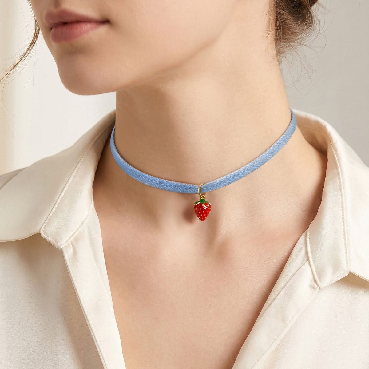 Stainless Steel Denim Rope Strawberry Pendant Sweet Fruit Wind Daily Collar Clavicle Chain Necklace
