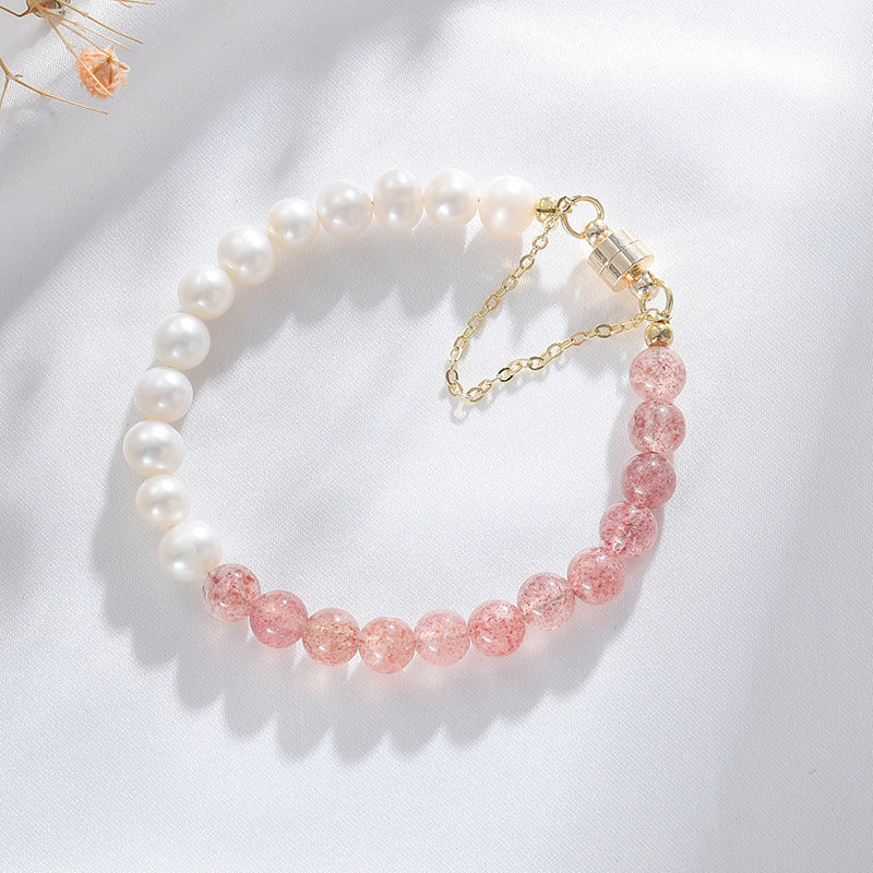 Symmetrical Design Crystal Pearl Bracelet with Natural Strawberry, Sterling Silver and Playful Sweet Style