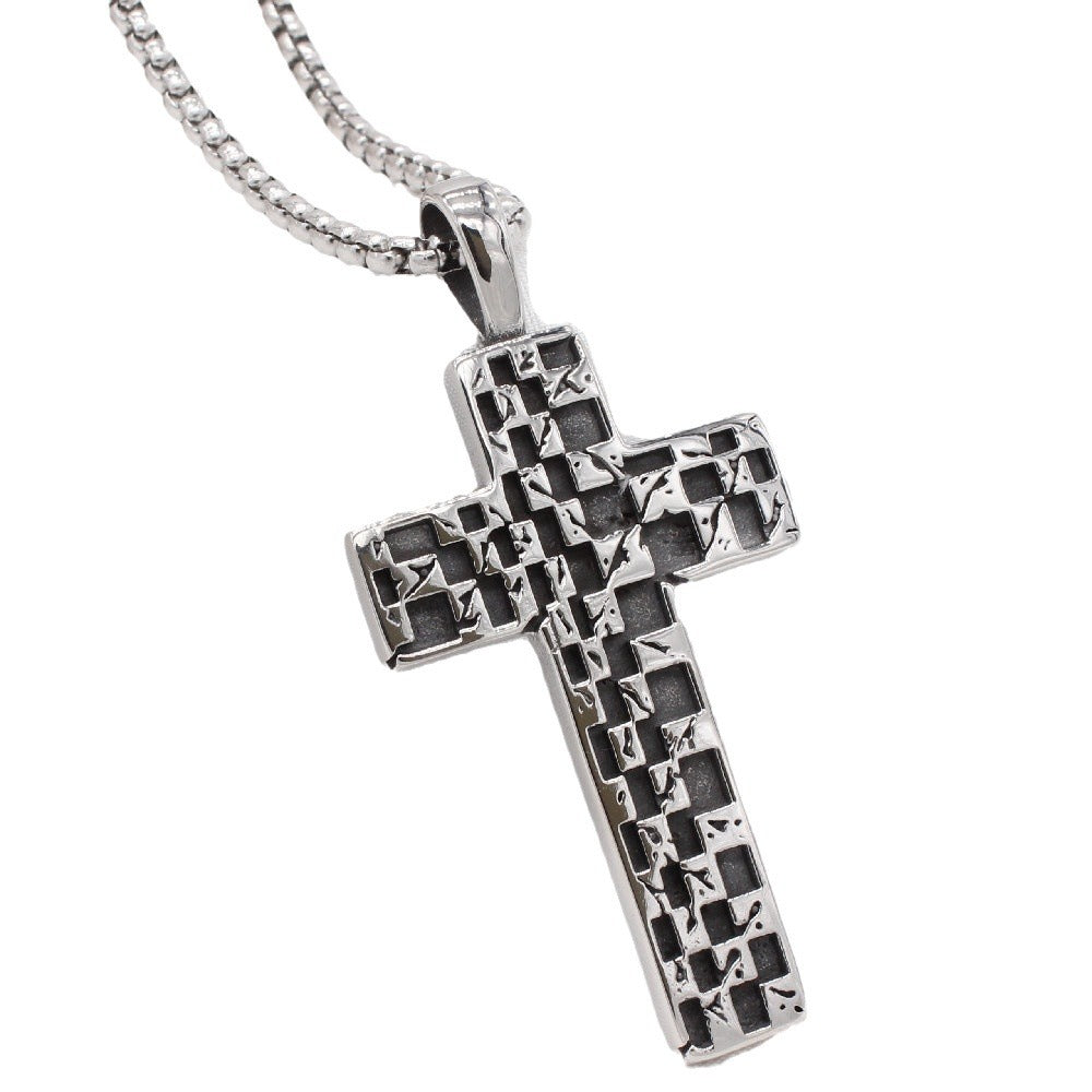 Planderful Titanium Steel Mosaic Cross Pendant Necklace For Men And Women Unisex Vintage Statement Jewelry