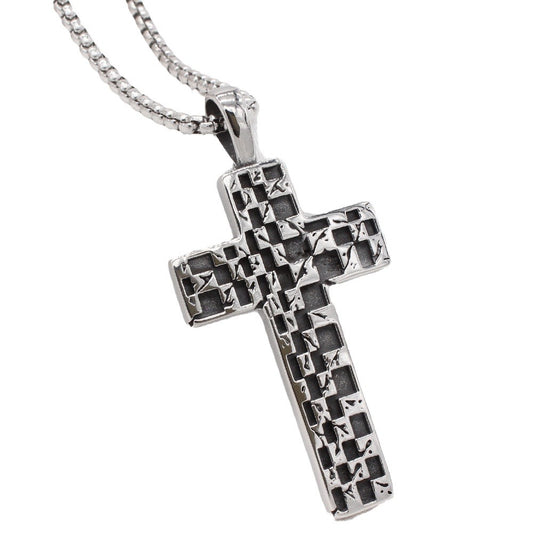 Planderful Titanium Steel Mosaic Cross Pendant Necklace For Men And Women Unisex Vintage Statement Jewelry