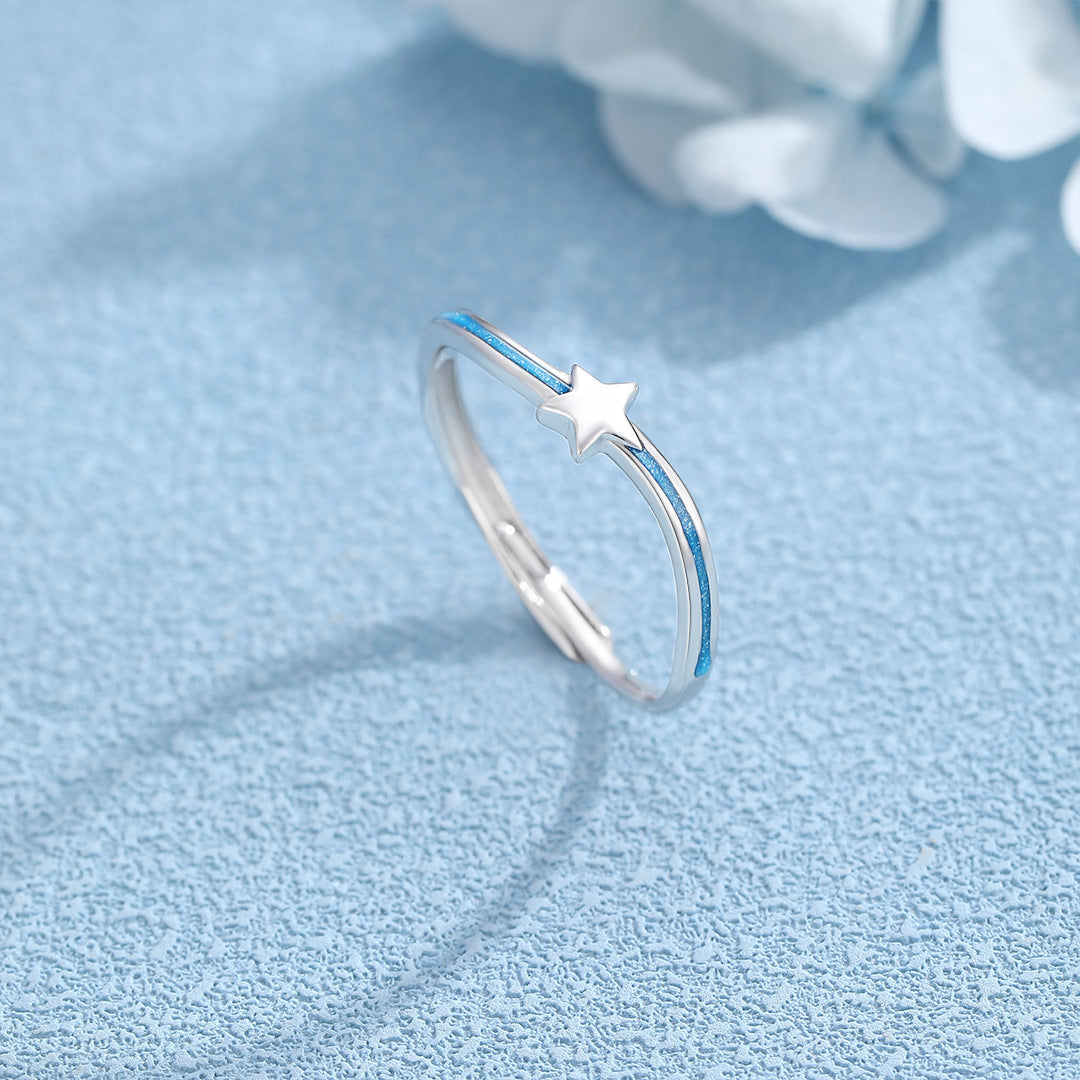 Planderful S925 Silver Blue Star Open Ring Women Adjustable