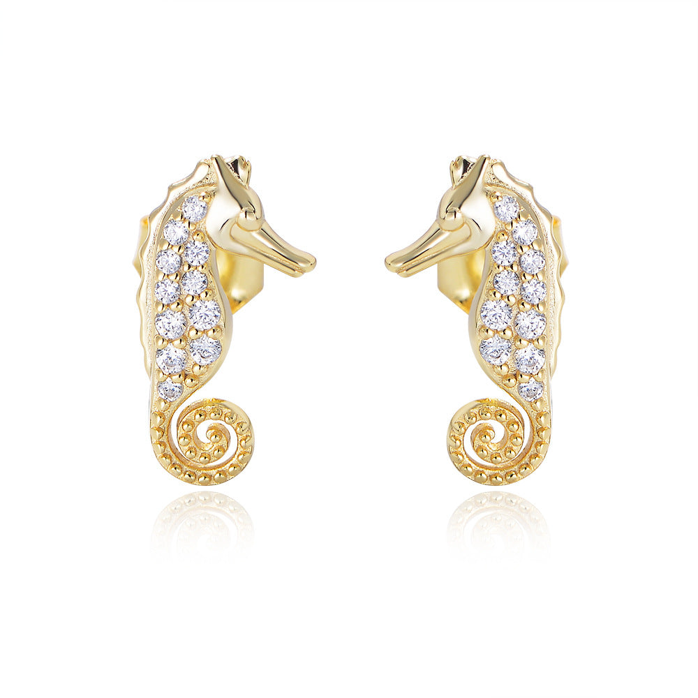 S925 Sterling Silver Micro-Inlaid Zircon Seahorse Animal Stud Earrings Cute Earrings Ear