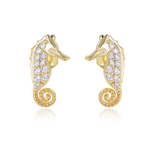 S925 Sterling Silver Micro-Inlaid Zircon Seahorse Animal Stud Earrings Cute Earrings Ear