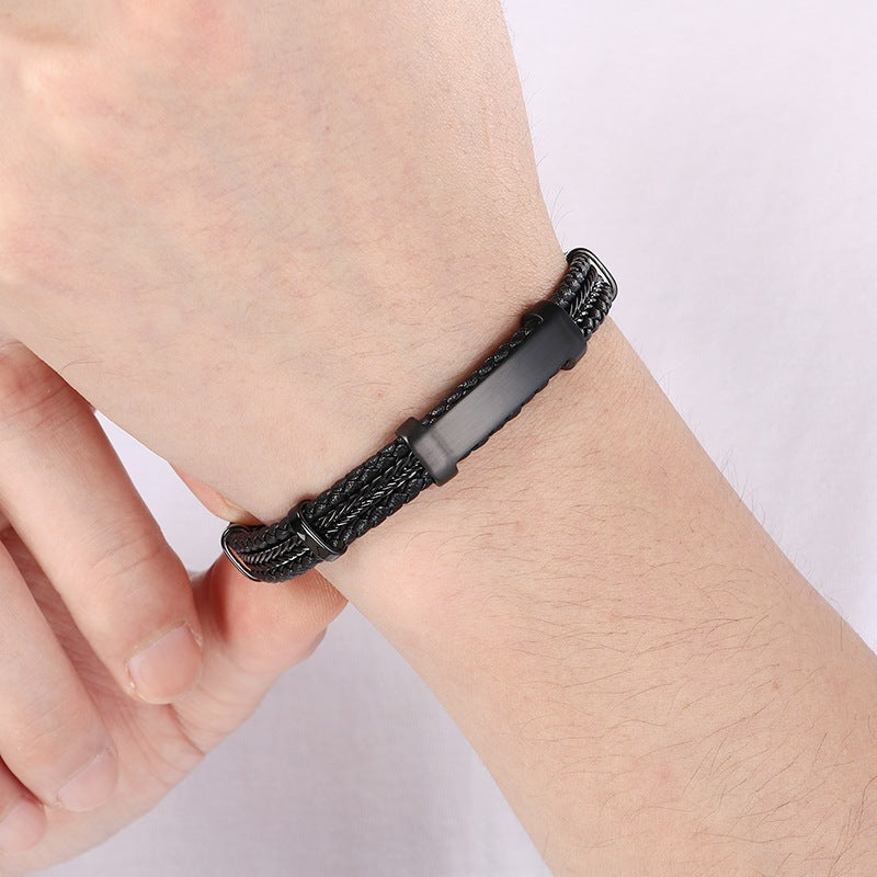 Business Men's Leather Rope Bracelet – Steel Wire Braided Multi-Layer Leather Rope