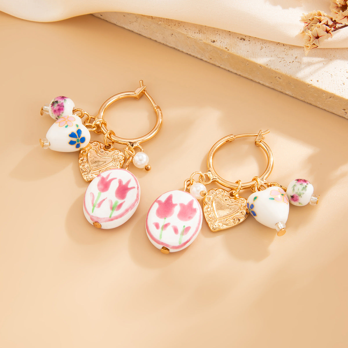 Planderful Pearl Heart Pendant Earrings Vienna Verve For Women Ceramic Flower Design Stunning Statement Jewelry