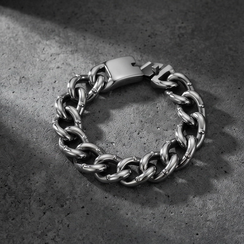 Round Bead Rivets Solid 18mm Cuban Hip-Hop Design Stainless Steel Men's Bracelet