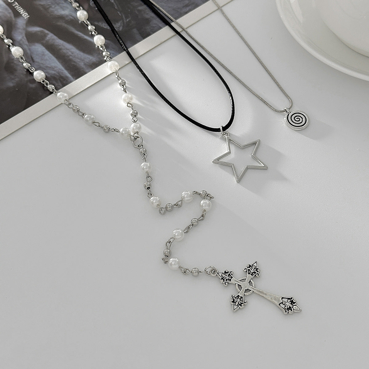 Pearl-Style Star Long Fringe Necklace Set