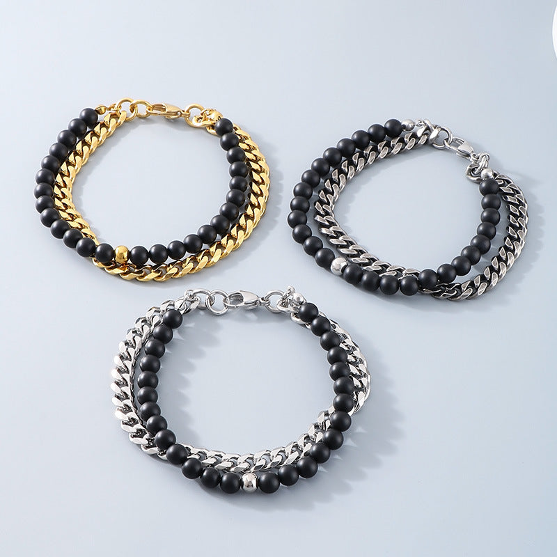Planderful Mens Beaded Bracelet Black Agate Double Layer
