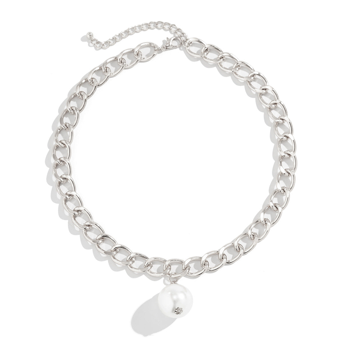 Chic Metal Chain Necklace with Imitation Pearl Pendant and Diamonds