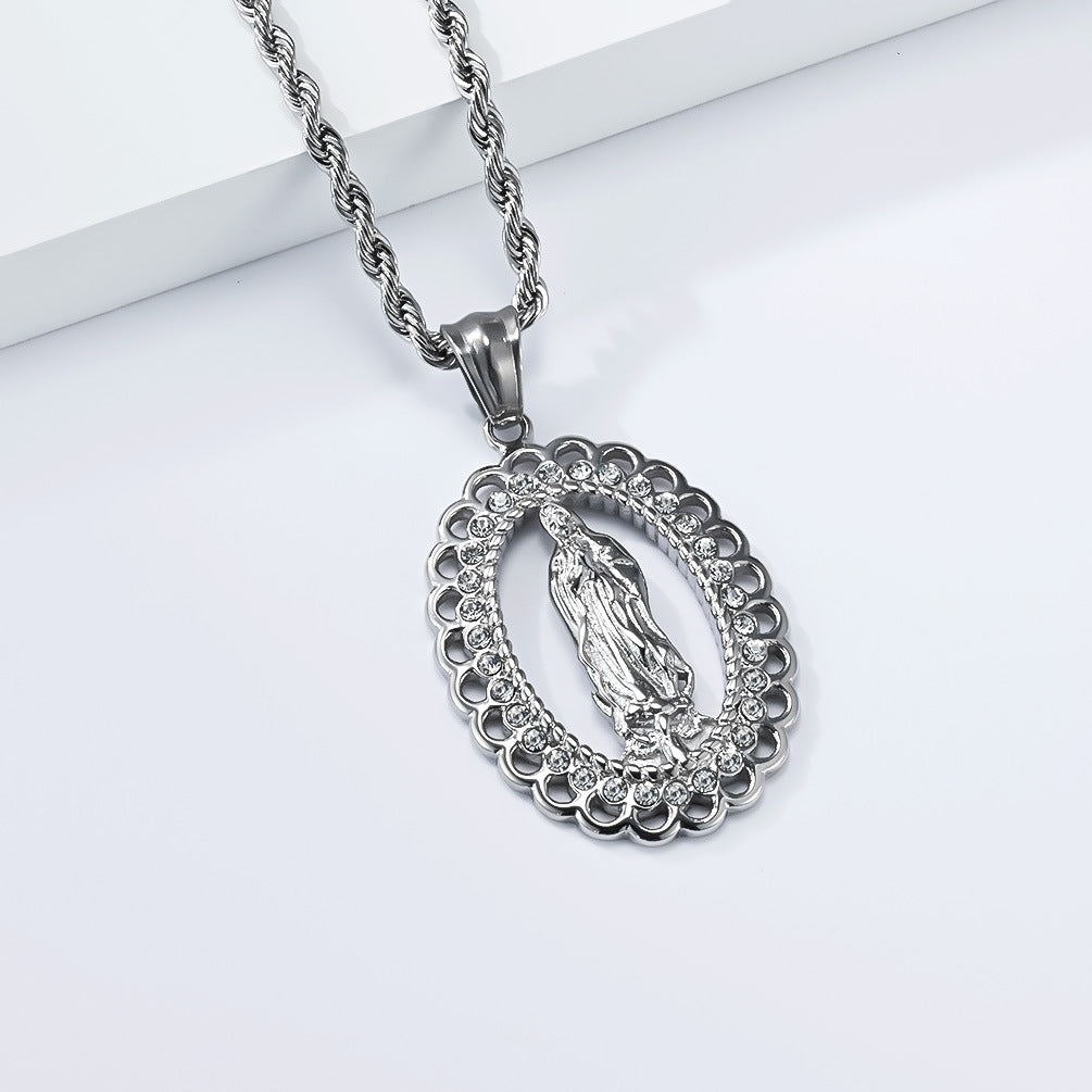 Planderful Virgin Mary Necklace Titanium Steel Gold Plated Zircon Pendant for Streetwear Hip Hop Fans