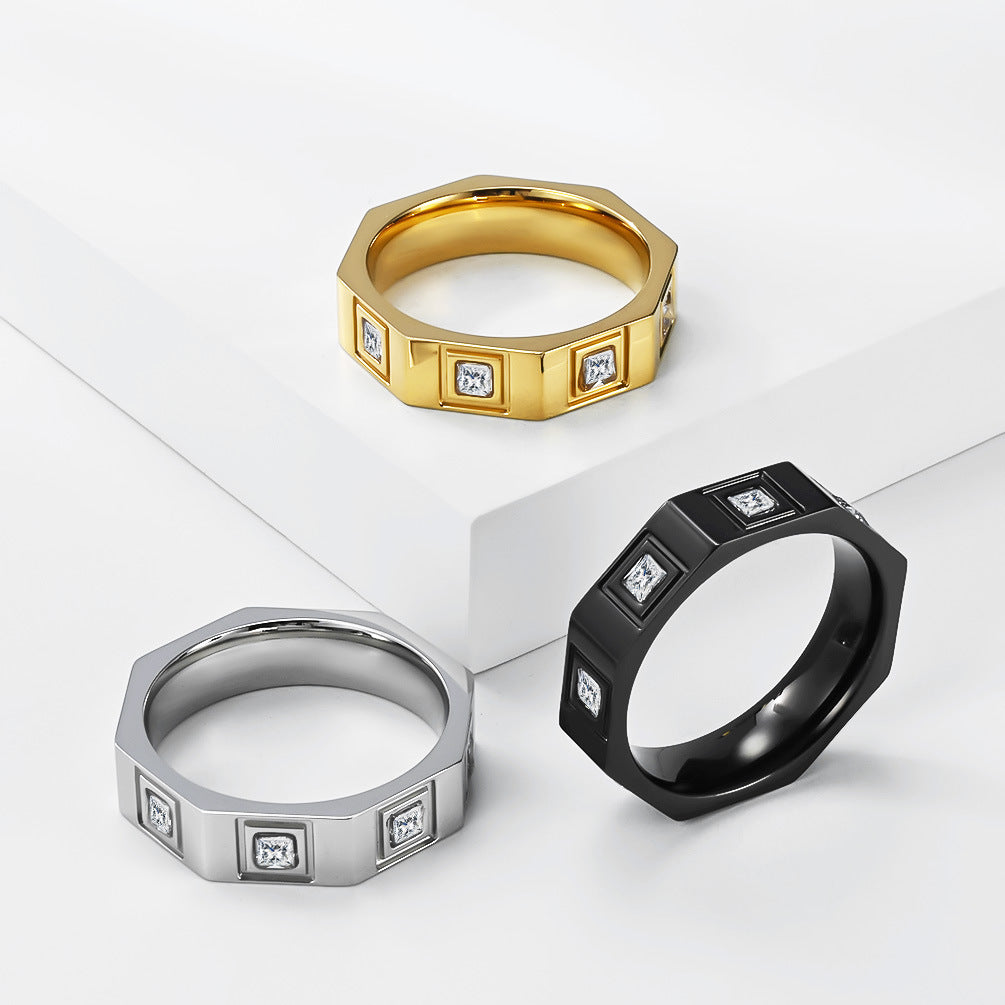 Geometric Eight-Sided Full Zircon Stainless Steel Ring Unisex