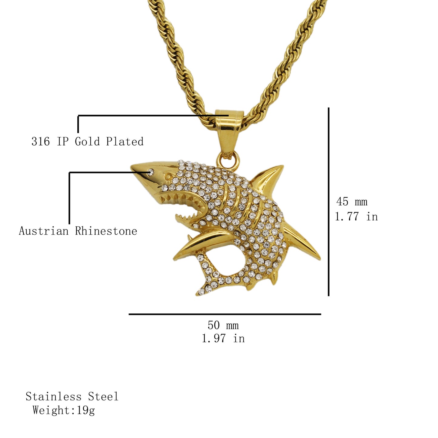 Planderful Titanium Steel Zircon Shark Pendant Unisex Hip Hop Jewelry Statement Accessory