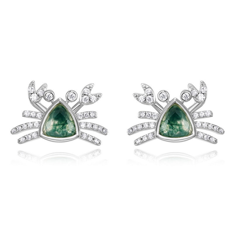 Planderful Jewelry Sterling Silver Crab Stud Earrings With Green Moss Agate Ocean Charm