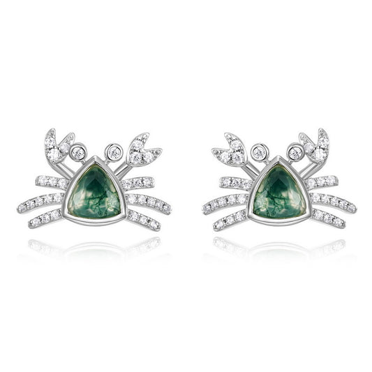 Planderful Jewelry Sterling Silver Crab Stud Earrings With Green Moss Agate Ocean Charm