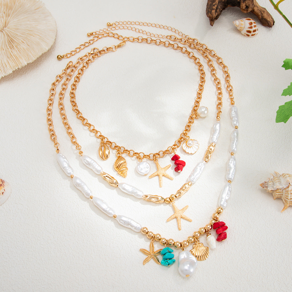 Shell, Starfish & Pearl Coastal Necklace
