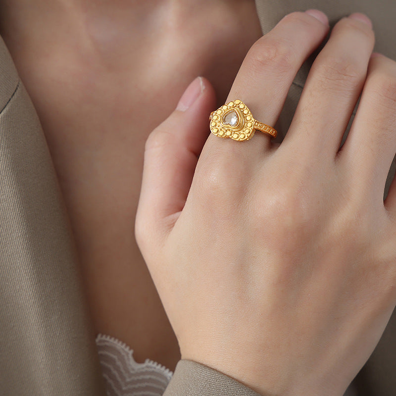 High-End Retro Style Zircon Titanium Steel Open Ring - Luxe European Charm