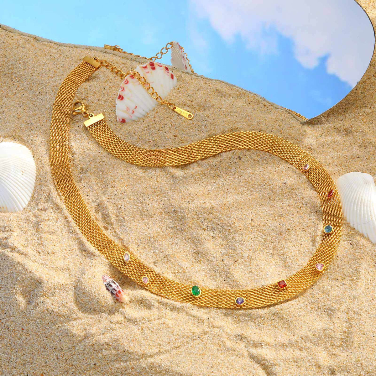 Gold Stainless Steel Mesh Chain With Colored Zircon Necklace Design Women's
