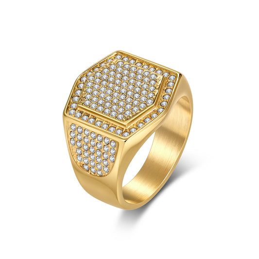 Stainless Steel Plated K Gold Full Zircon Ring Men's Street