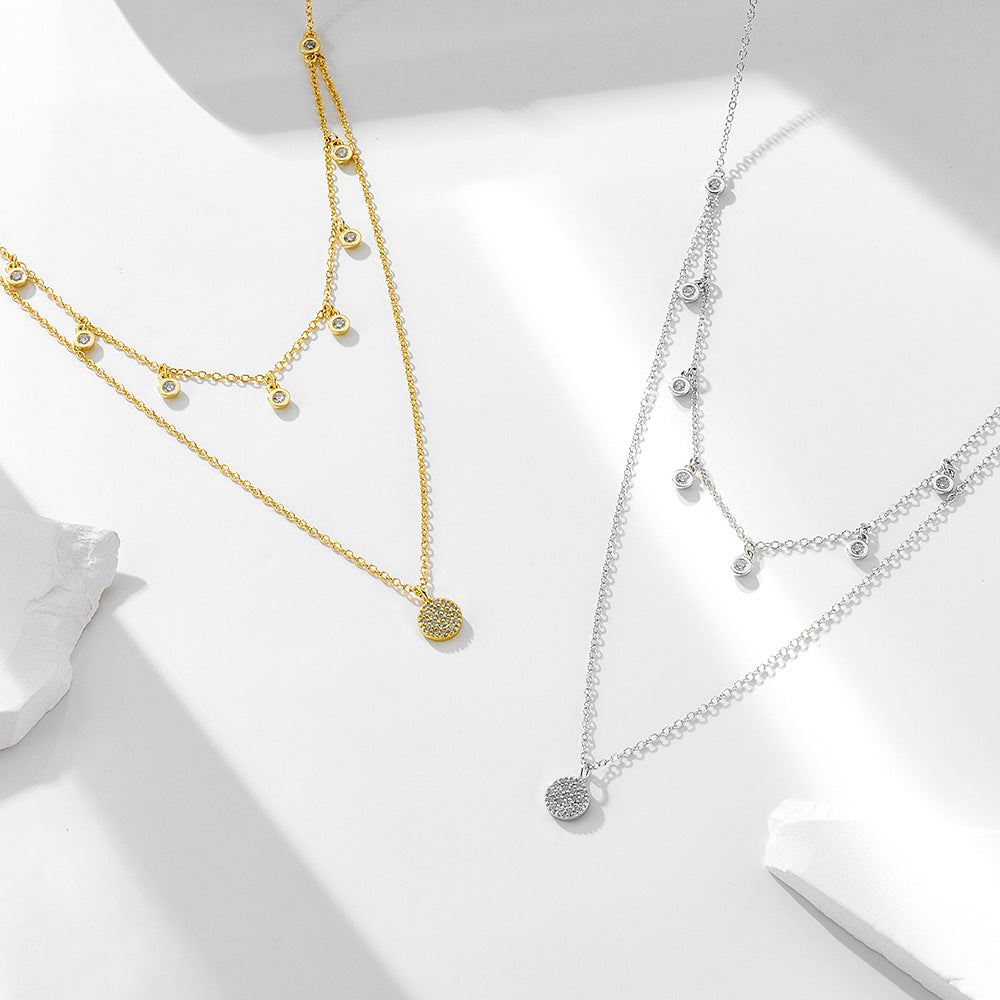 Wind 925 Sterling Silver Double-Layer Necklace Polka Dot Zircon Short