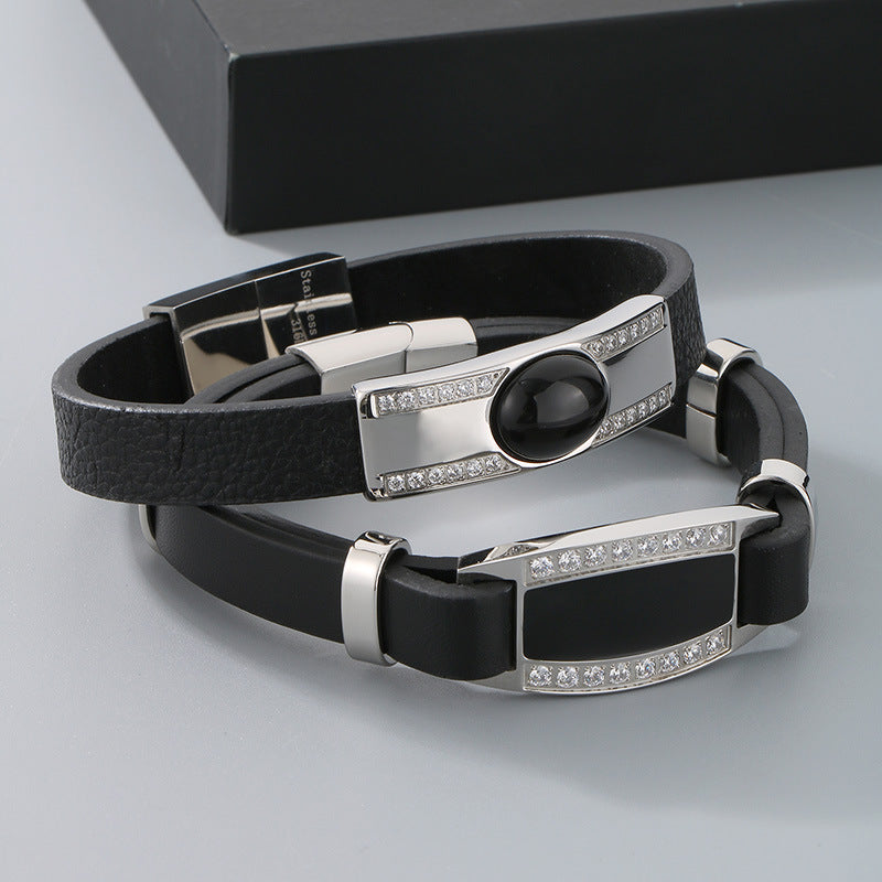 Planderful Leather Bracelet For Men Zircon Encrusted