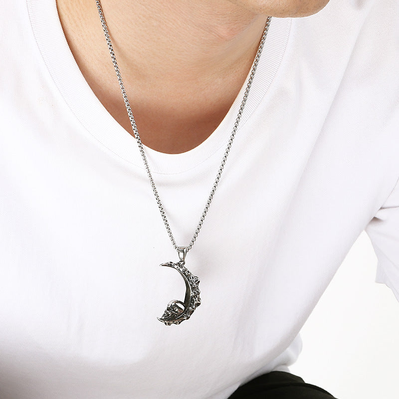 Gothic Style Dark Crescent Rose Pendant, Punk Vintage Skull Moon Titanium Steel Men's Necklace