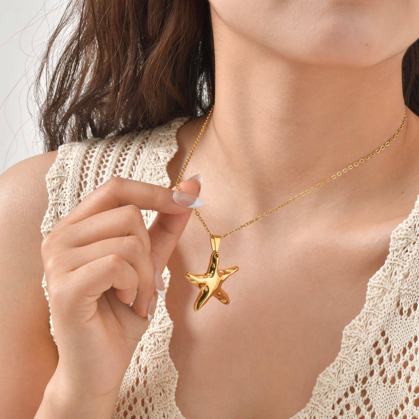 Ocean Wind Stainless Steel Gold Plated Starfish Pendant Necklace Seaside Holiday